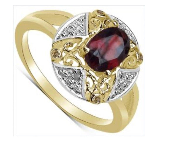 14K Yellow Gold Over Solid Sterling Silver Diamonds and Garnet Ring