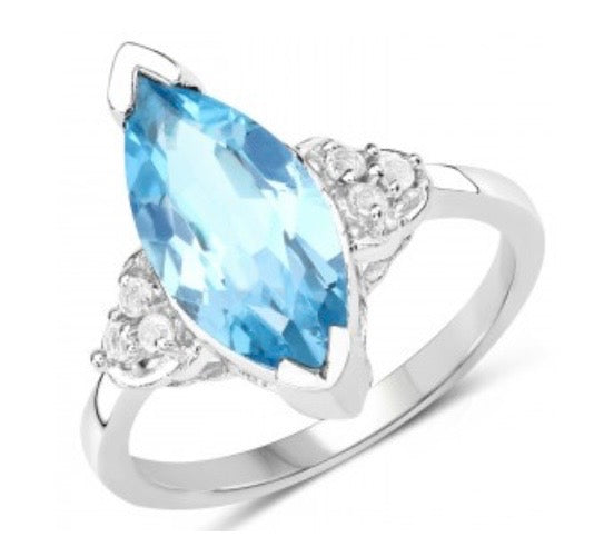 Natural Swiss Blue Topaz Rhodium Over 925 Sterling Silver Marquise Ring