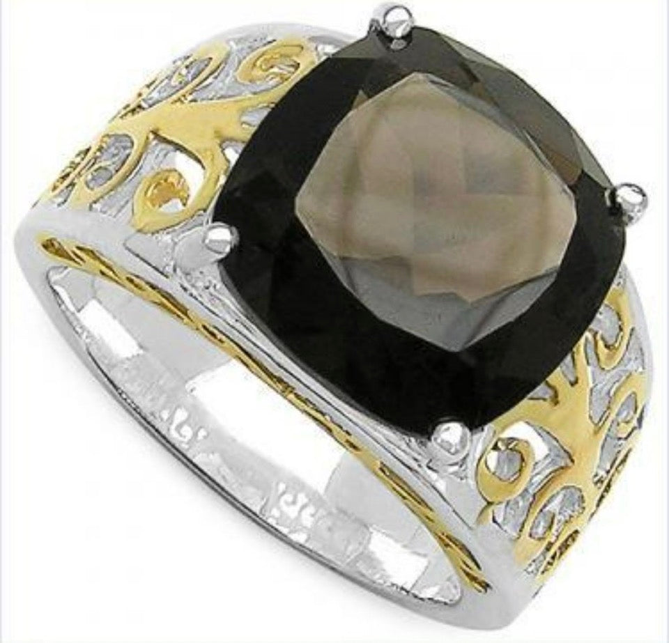Two Tone Plated 7.05 Carat Genuine Smoky Quartz .925 Sterling Silver Ring