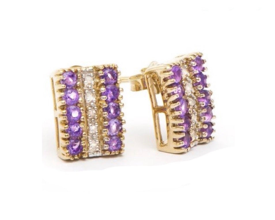 18K Yellow Gold Over Sterling Silver Diamond and Amethyst Earrings