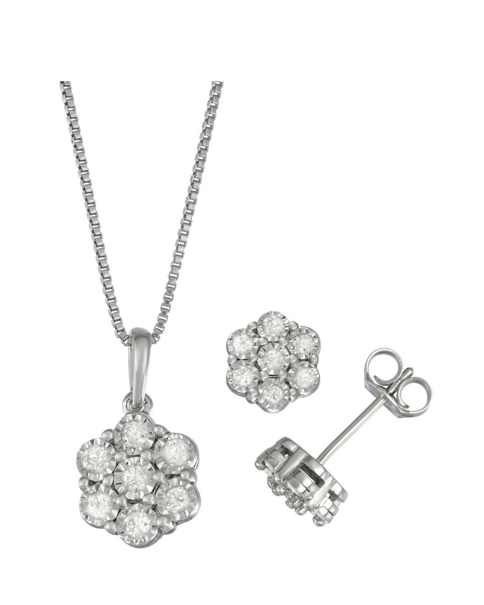14K White Gold Over Sterling Silver 0.50 CTW Diamond Earrings and Necklace Set
