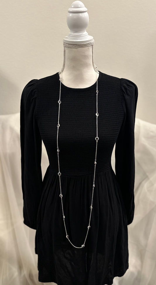 Long Silver Tone Necklace With Clear Glass Rhinestones