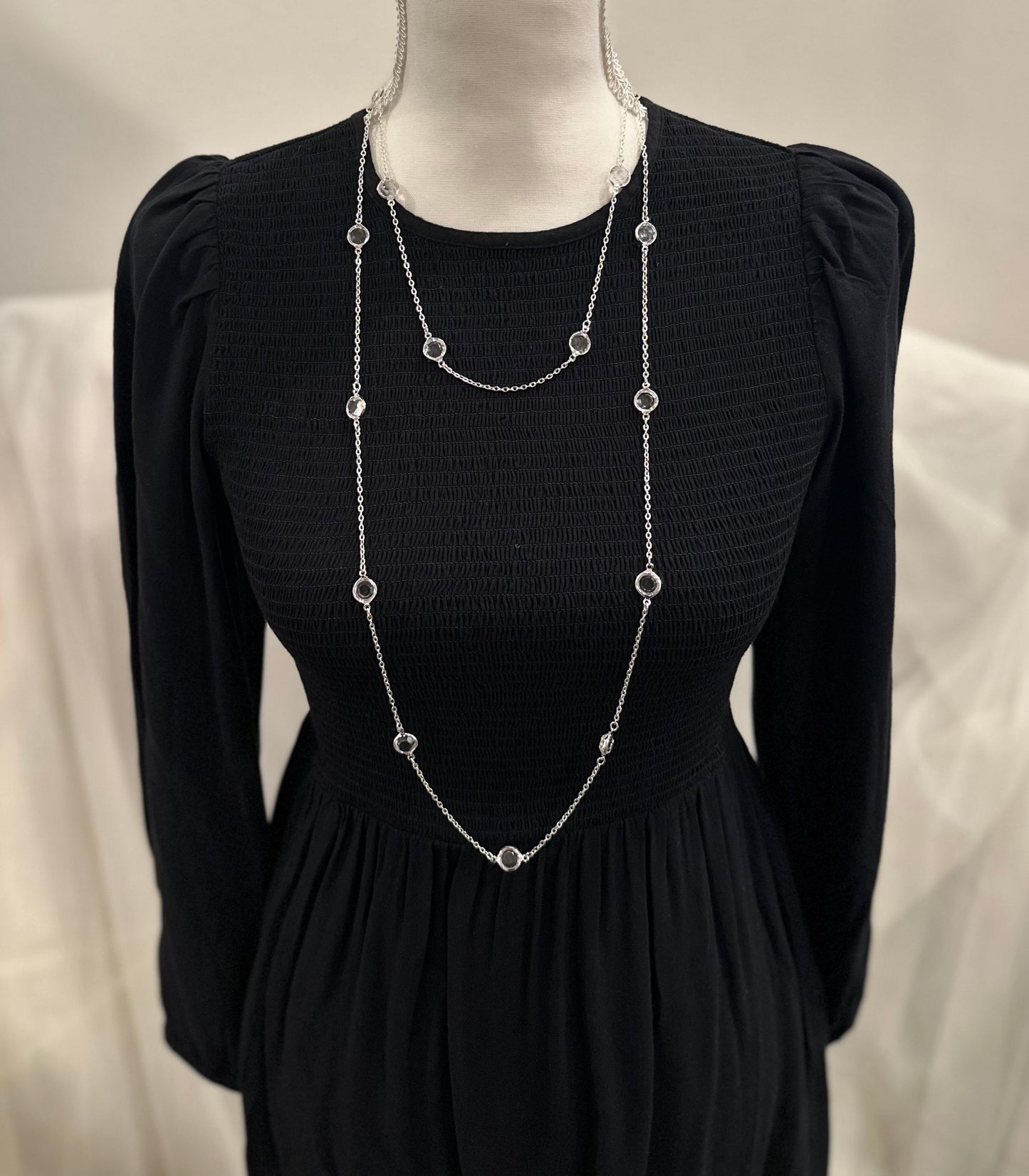 Long Silver Tone Necklace With Clear Glass Rhinestones