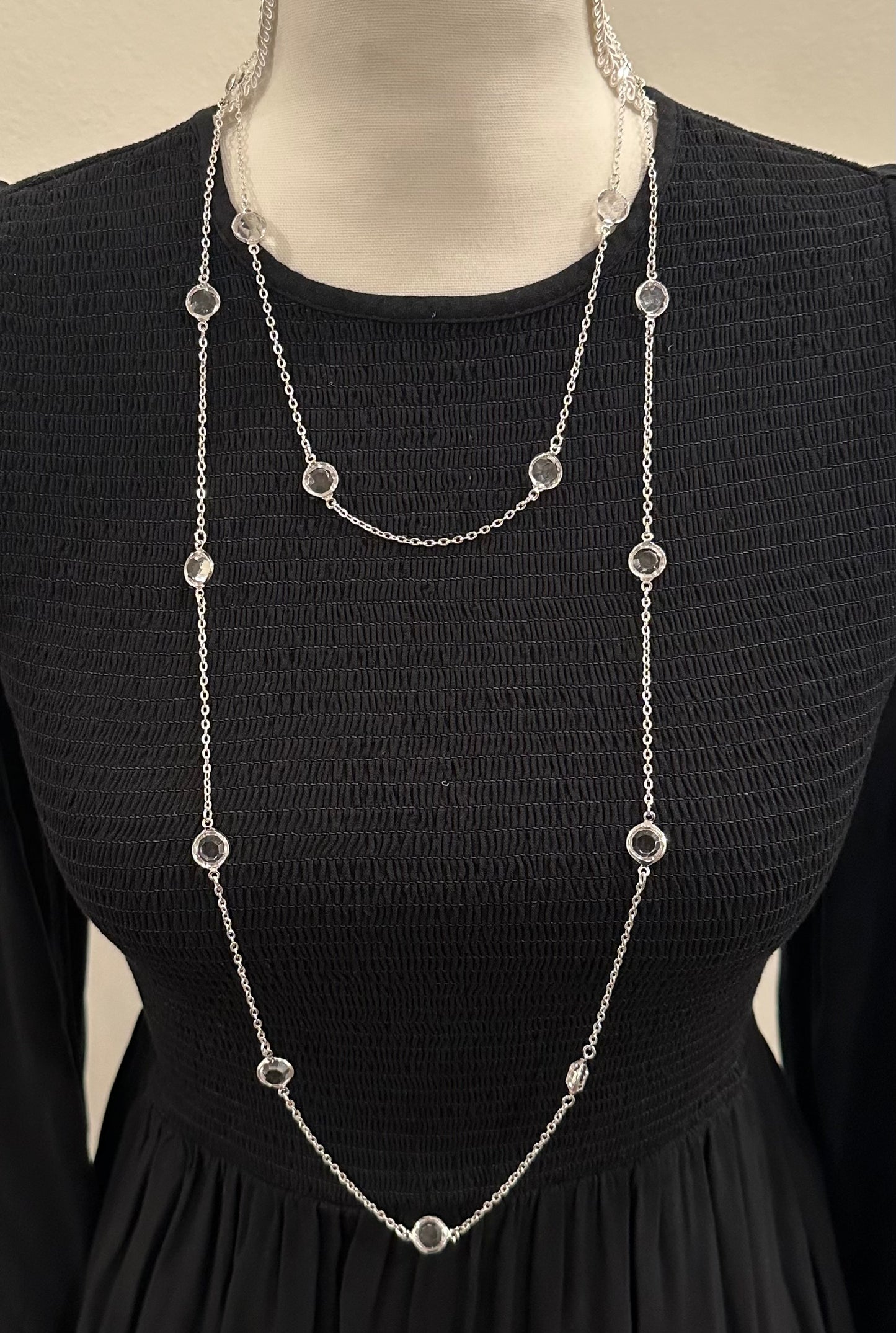 Long Silver Tone Necklace With Clear Glass Rhinestones