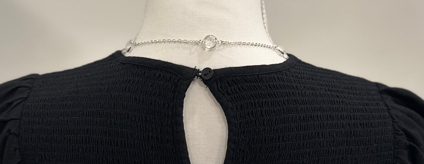 Long Silver Tone Necklace With Clear Glass Rhinestones