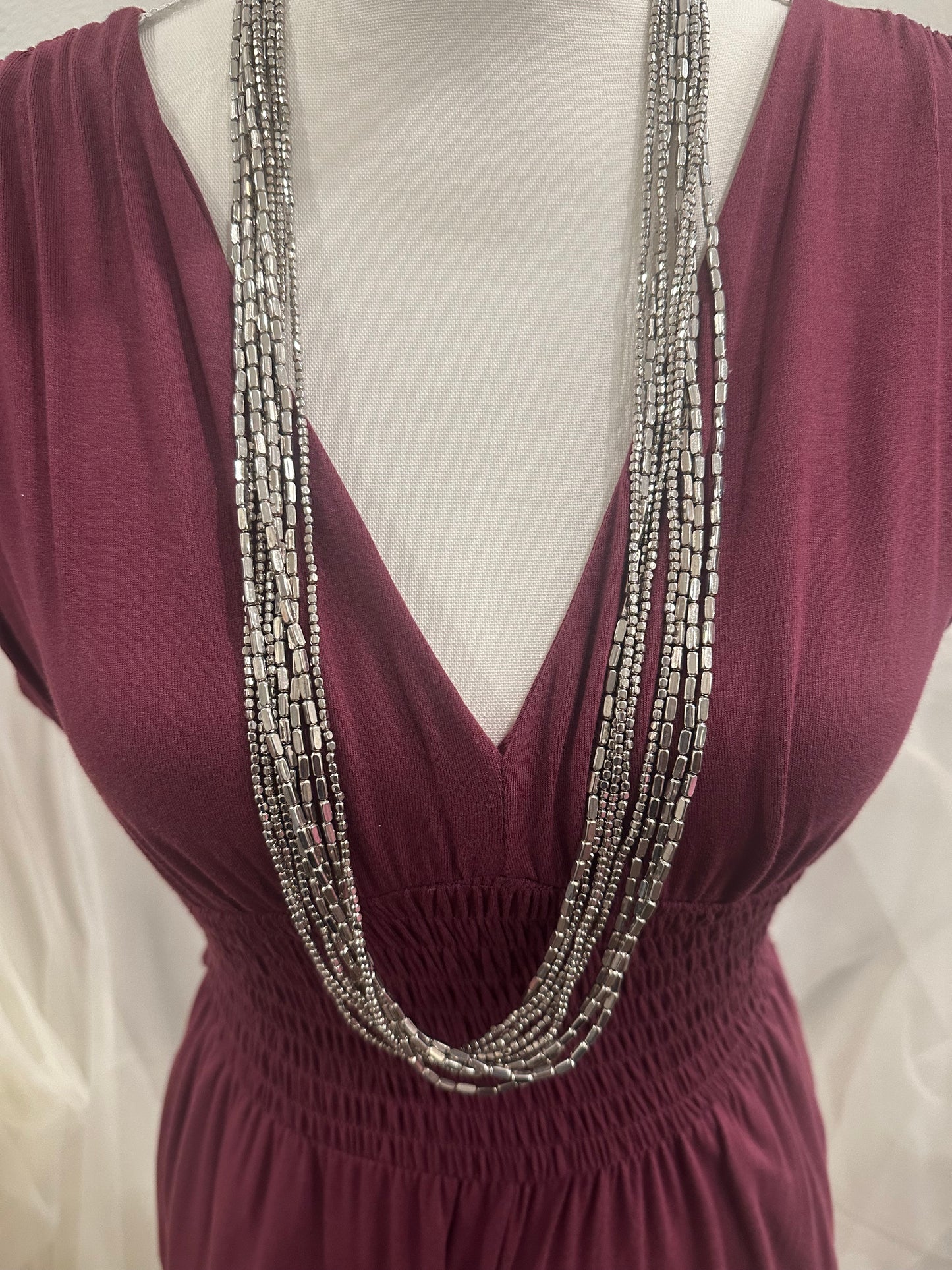 Silver Beaded Long Necklace