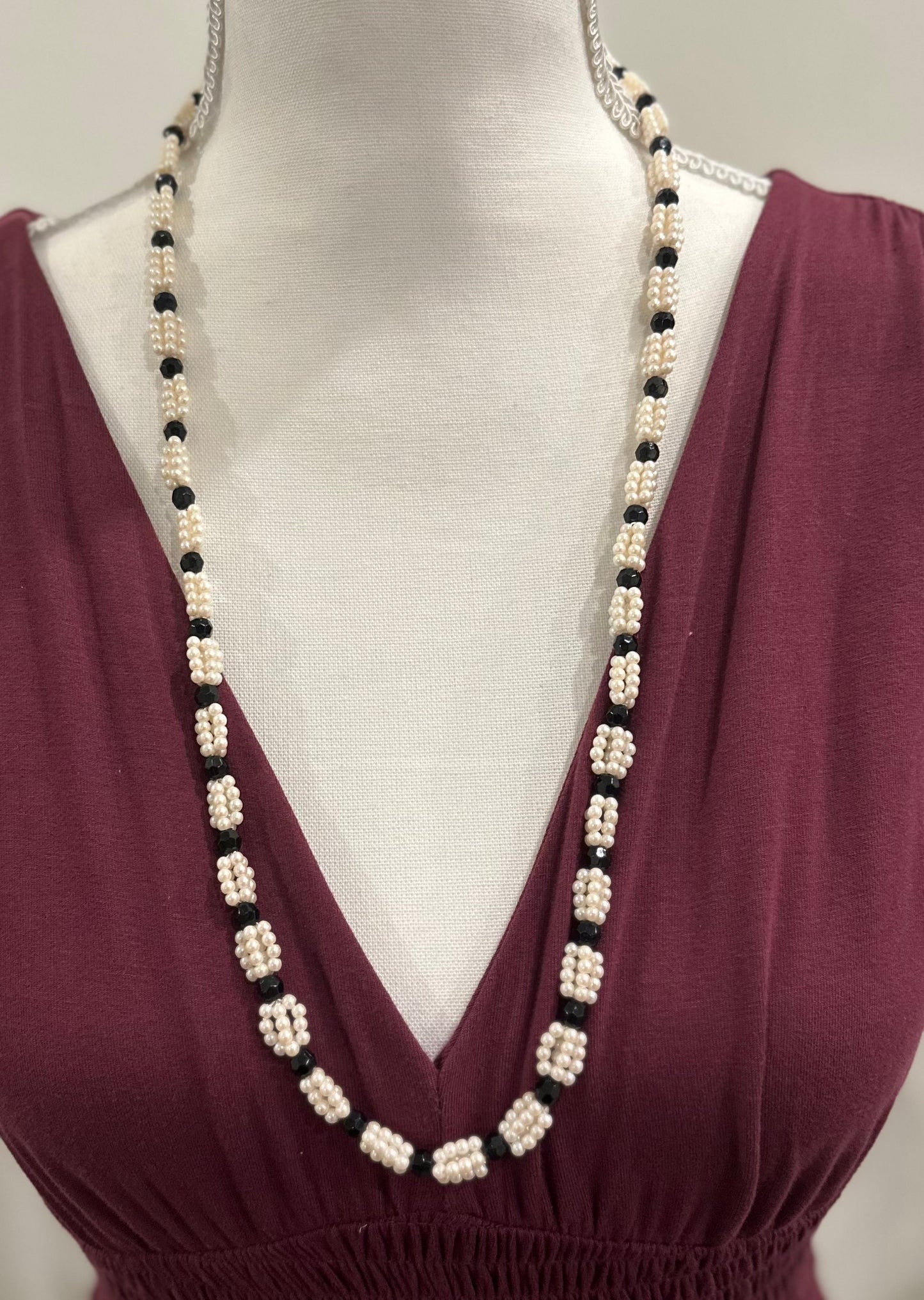 Faux Pearl and Black Bead Necklace