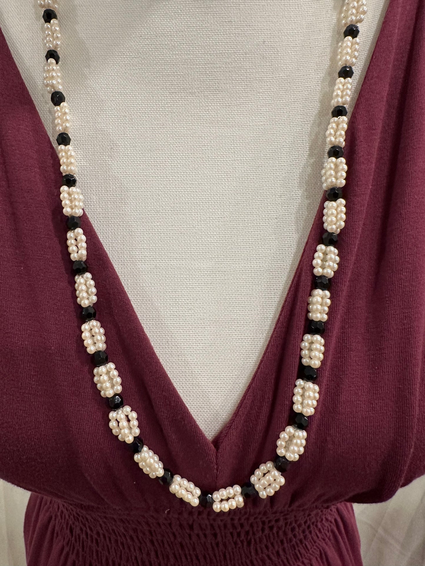 Faux Pearl and Black Bead Necklace