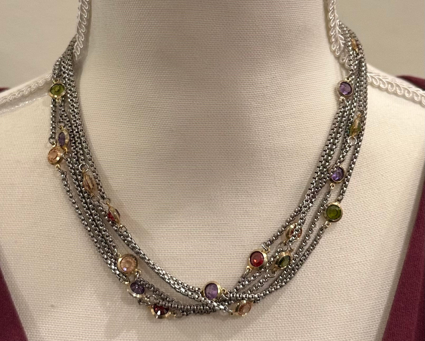 Multi Color CZ Crystal Silver Tone Choker Necklace