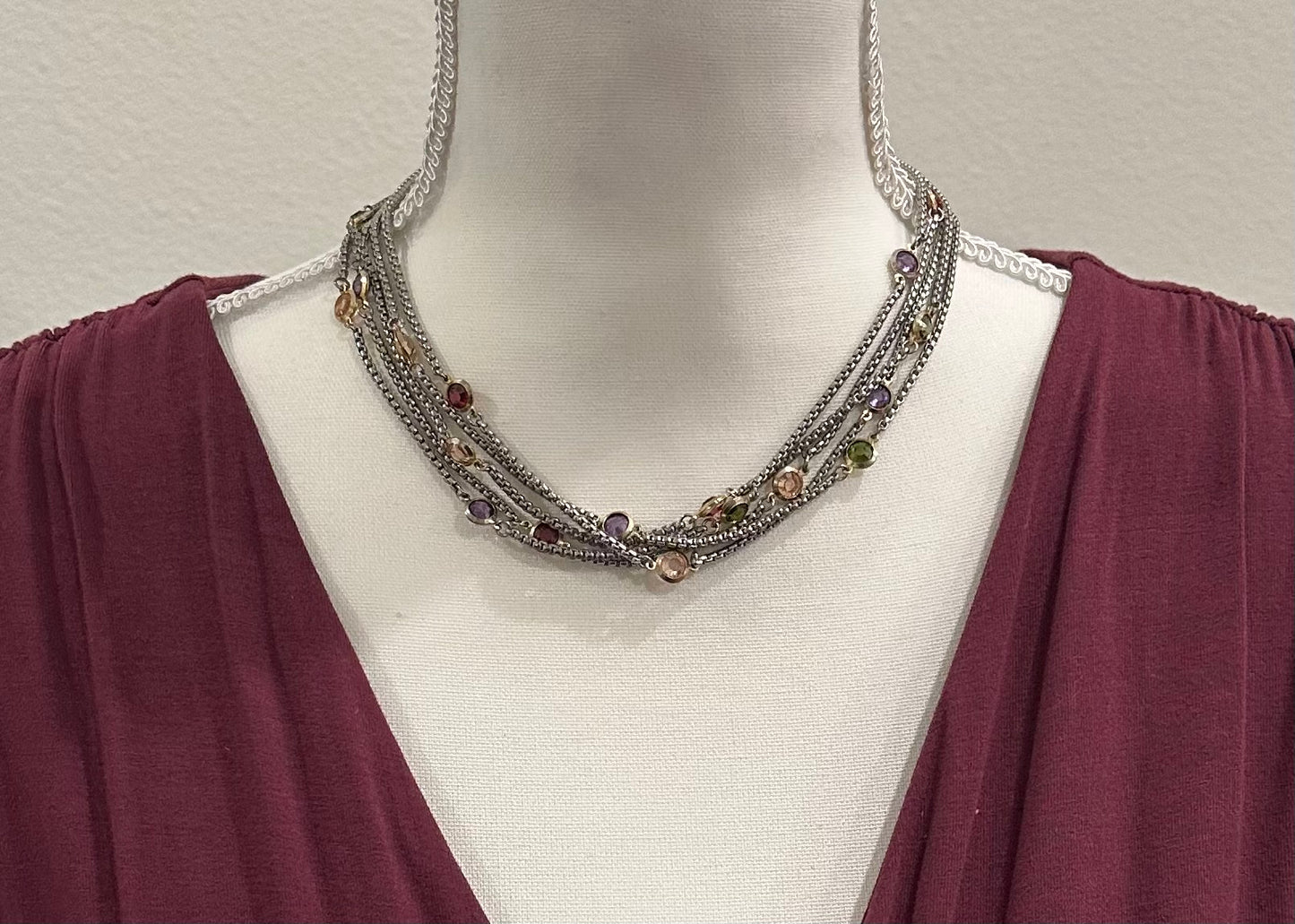 Multi Color CZ Crystal Silver Tone Choker Necklace