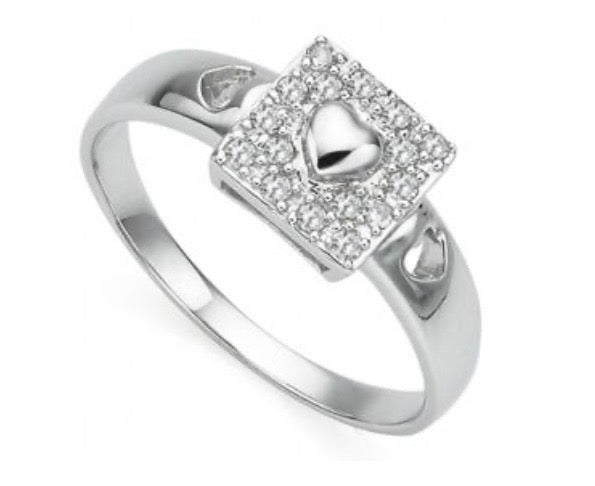 14K White Gold Over Solid Sterling Silver 16 Diamonds Heart In a Box Style Ring