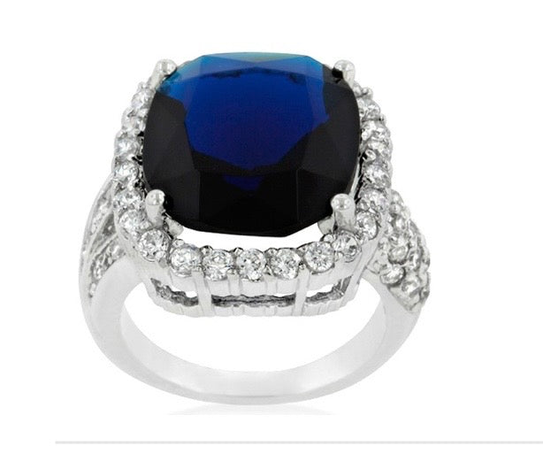 White Gold Rhodium Plated Sapphire Cubic Zirconia  Ring