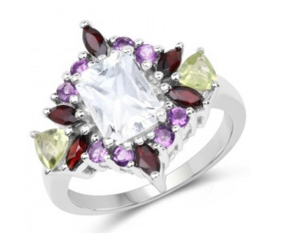 Sterling Silver Amethyst Peridot Garnet Topaz Ring
