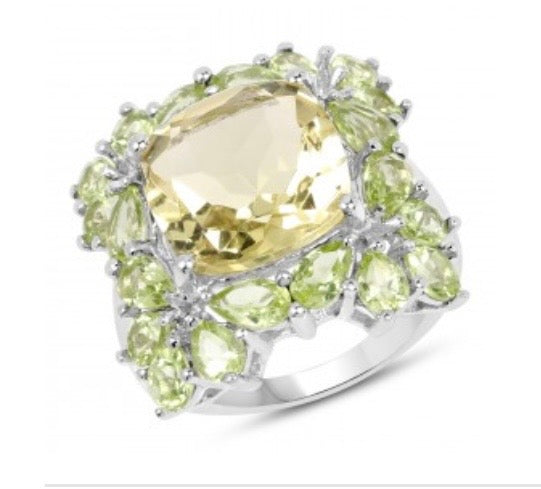 Gold Rhodium Over Sterling Silver Quartz and Peridot Ring