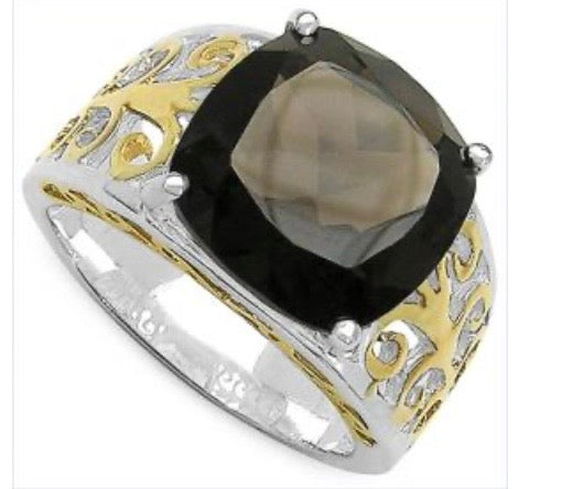 Two Tone Plated 7.05 Carat Genuine Smoky Quartz .925 Sterling Silver Ring