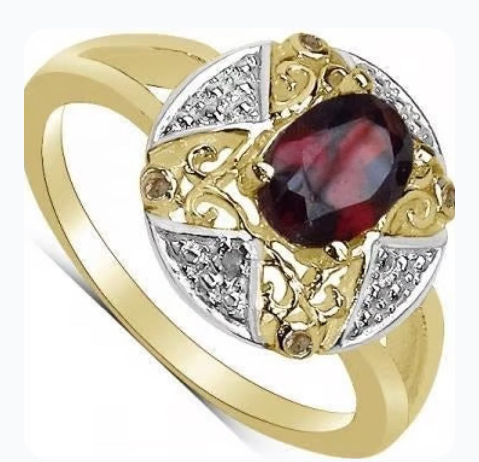 14K Yellow Gold Over Solid Sterling Silver Diamonds and Garnet Ring