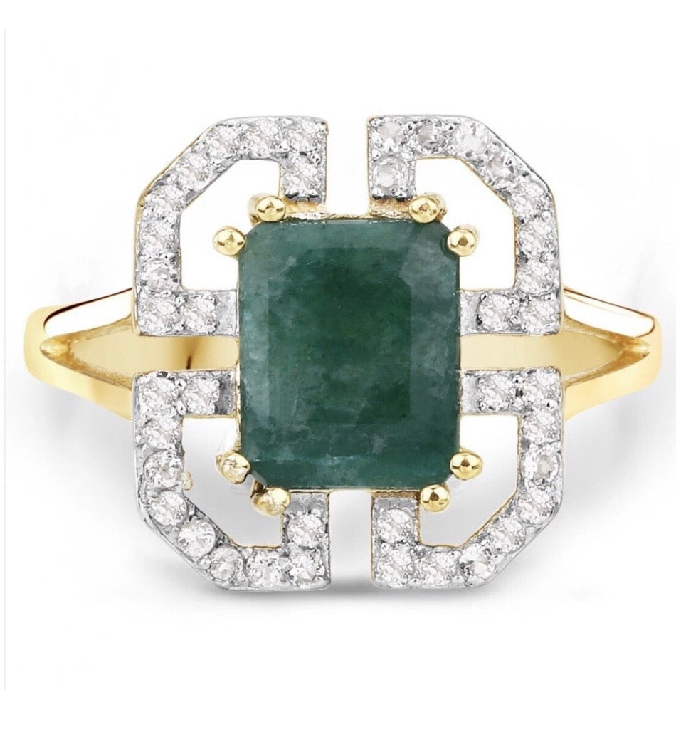 2.55 CARAT DYED EMERALD AND WHITE TOPAZ.925 STERLING SILVER RING