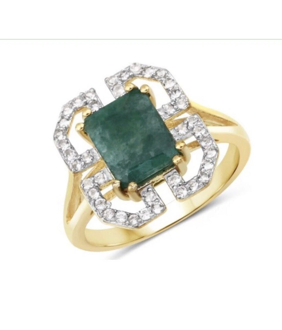 2.55 CARAT DYED EMERALD AND WHITE TOPAZ.925 STERLING SILVER RING