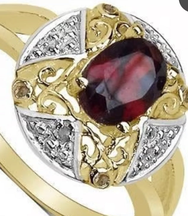 14K Yellow Gold Over Solid Sterling Silver Diamonds and Garnet Ring