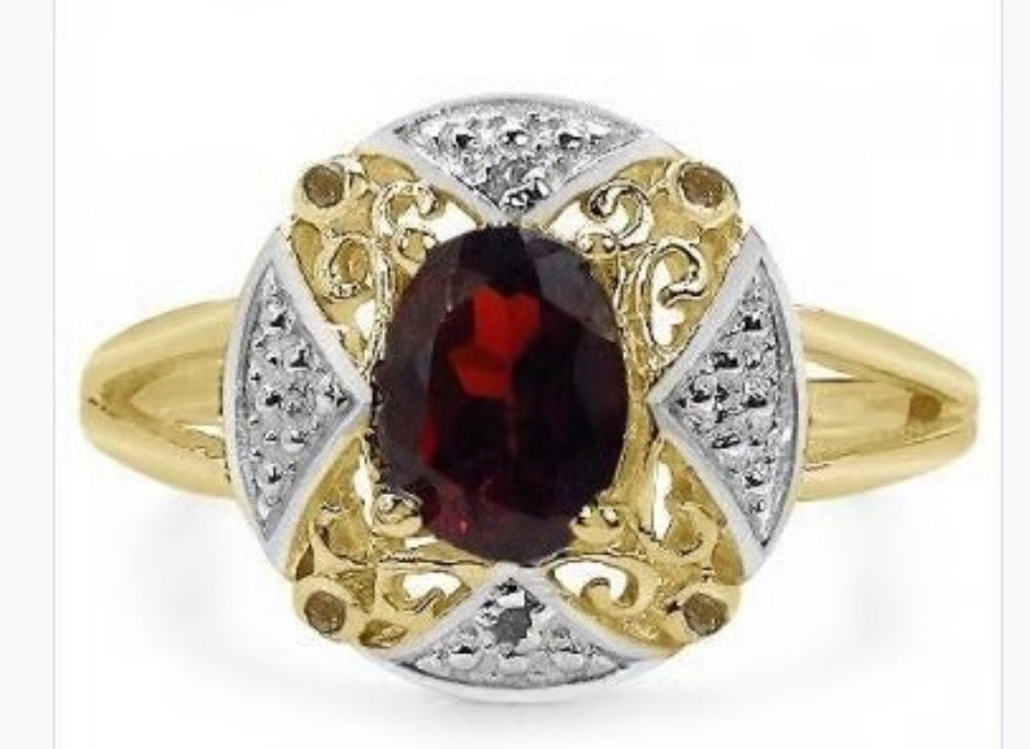 14K Yellow Gold Over Solid Sterling Silver Diamonds and Garnet Ring