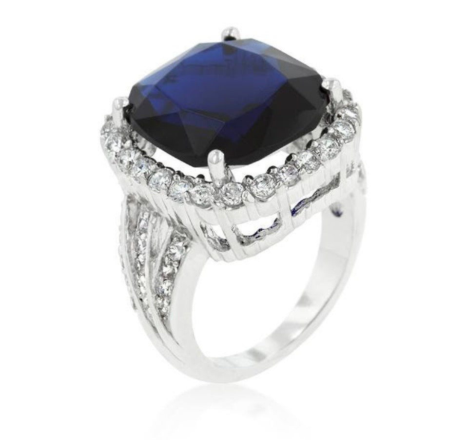 White Gold Rhodium Plated Sapphire Cubic Zirconia  Ring