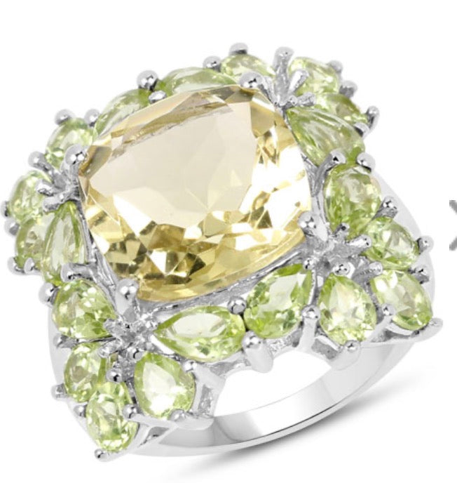 Gold Rhodium Over Sterling Silver Quartz and Peridot Ring