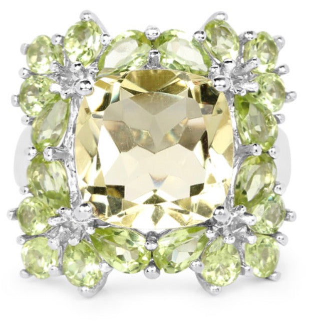 Gold Rhodium Over Sterling Silver Quartz and Peridot Ring