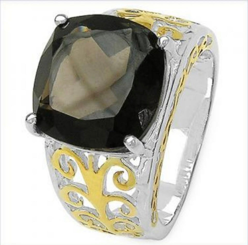 Two Tone Plated 7.05 Carat Genuine Smoky Quartz .925 Sterling Silver Ring