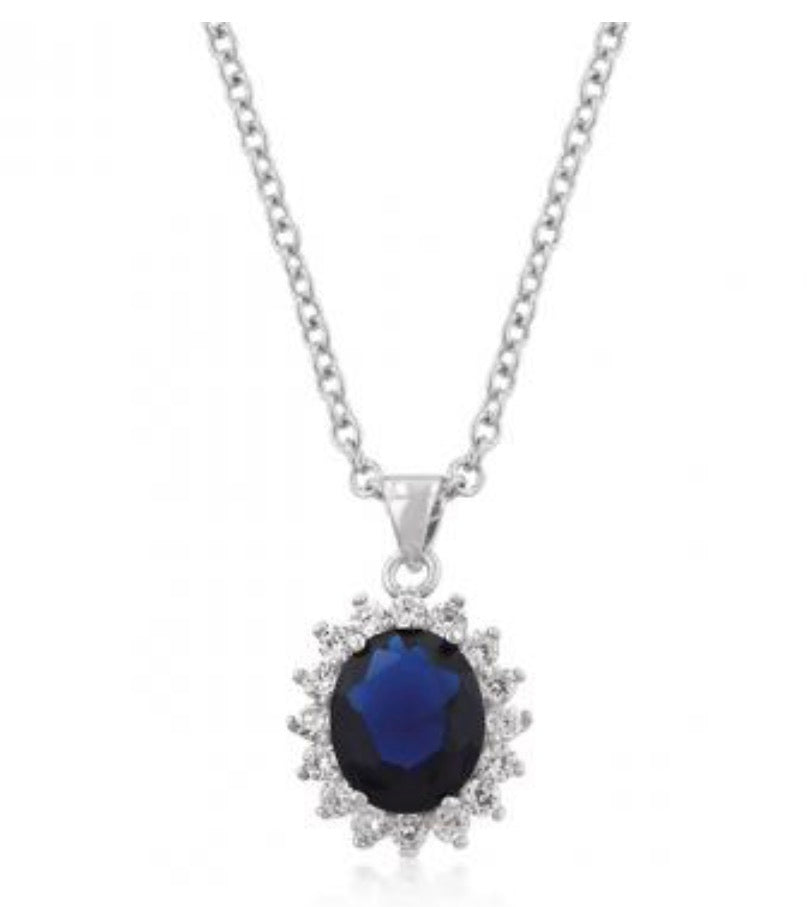 White Gold Rhodium Sapphire Blue Cubic Zirconia Size 16 in. Necklace