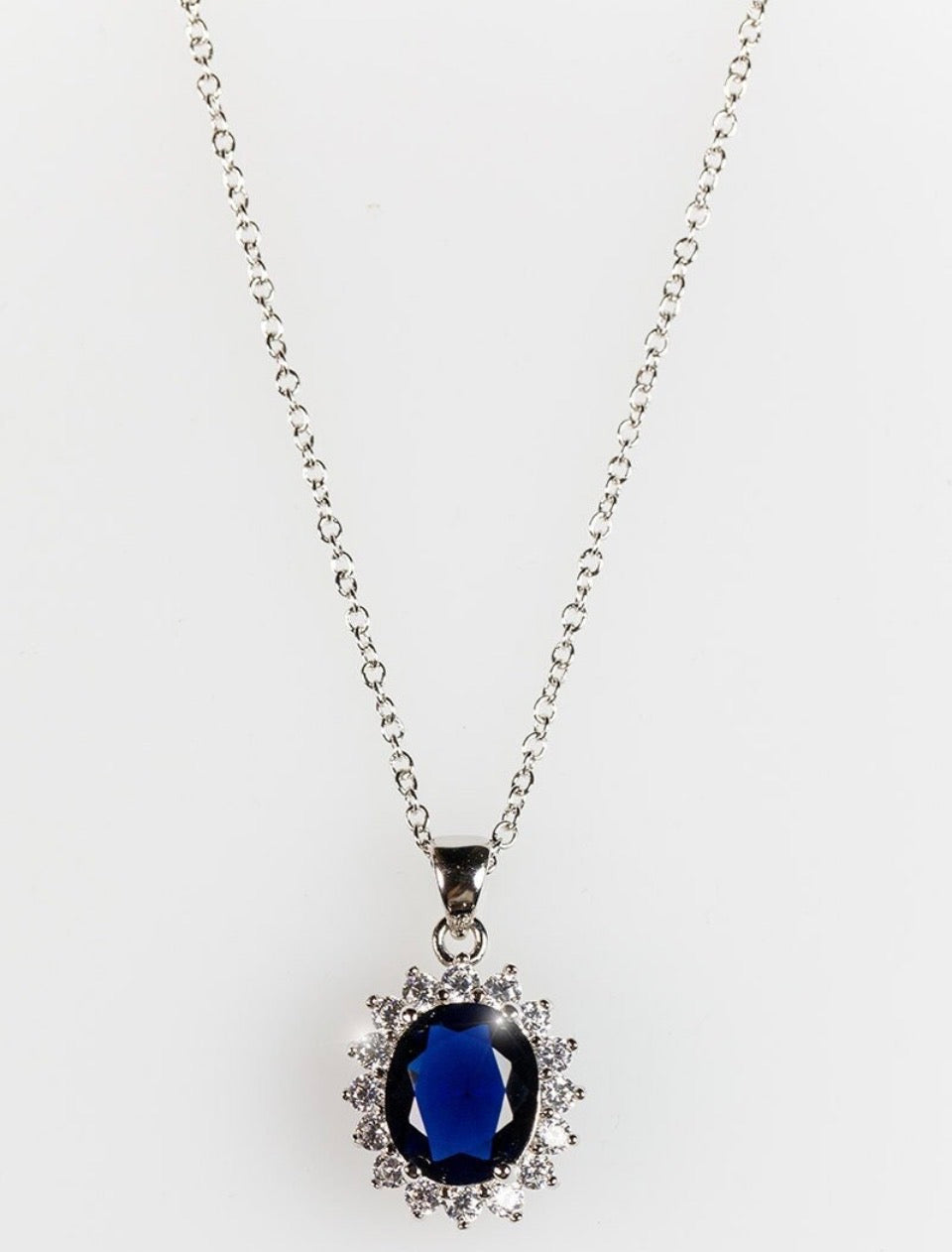 White Gold Rhodium Sapphire Blue Cubic Zirconia Size 16 in. Necklace