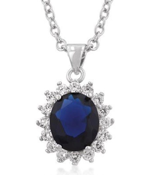 White Gold Rhodium Sapphire Blue Cubic Zirconia Size 16 in. Necklace