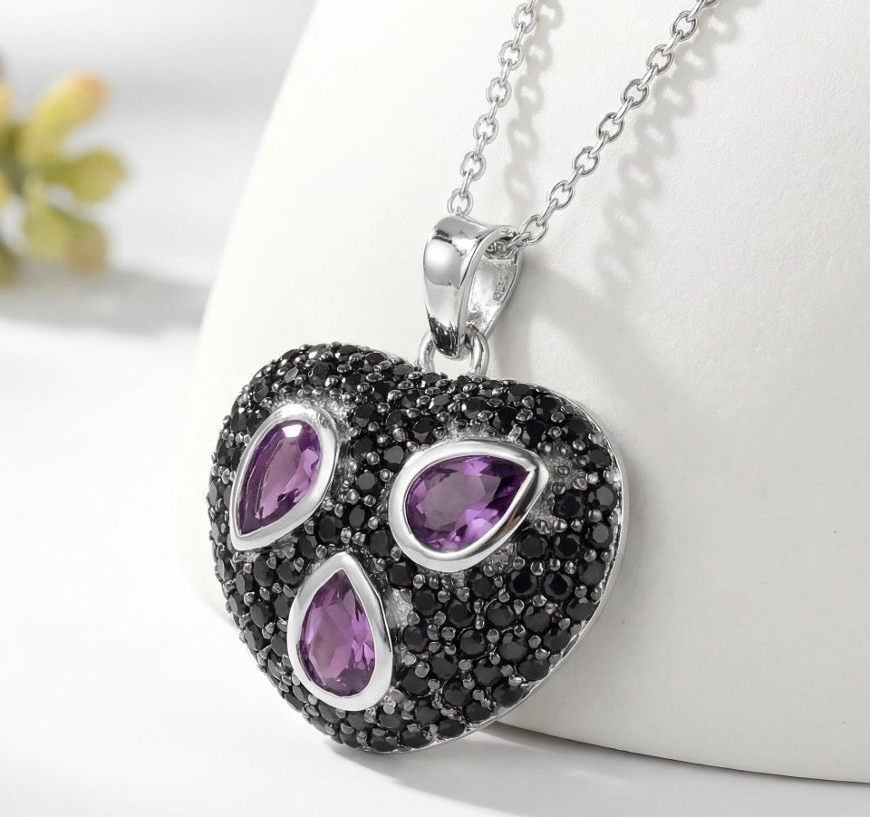 Amethyst and Black Spinel Sterling Silver Pendant Necklace, Purple Heart Pendant