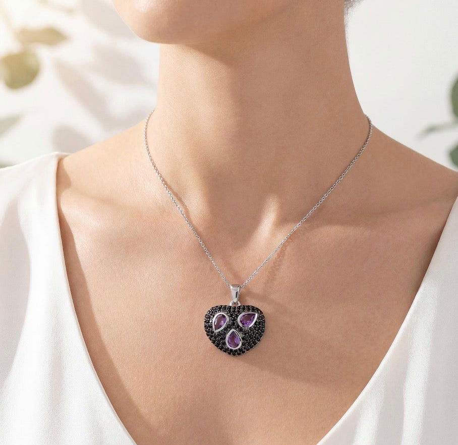Amethyst and Black Spinel Sterling Silver Pendant Necklace, Purple Heart Pendant