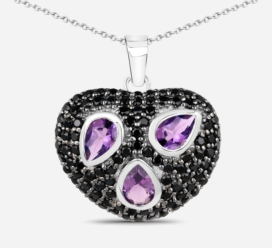 Amethyst and Black Spinel Sterling Silver Pendant Necklace, Purple Heart Pendant