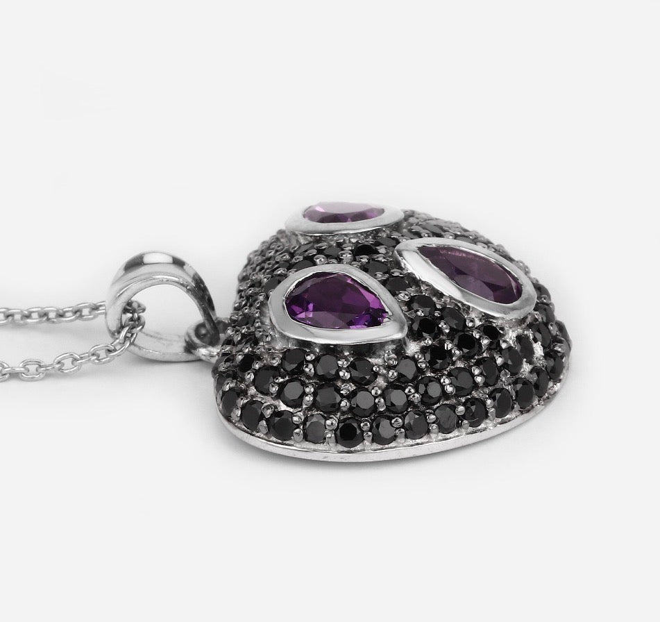Amethyst and Black Spinel Sterling Silver Pendant Necklace, Purple Heart Pendant