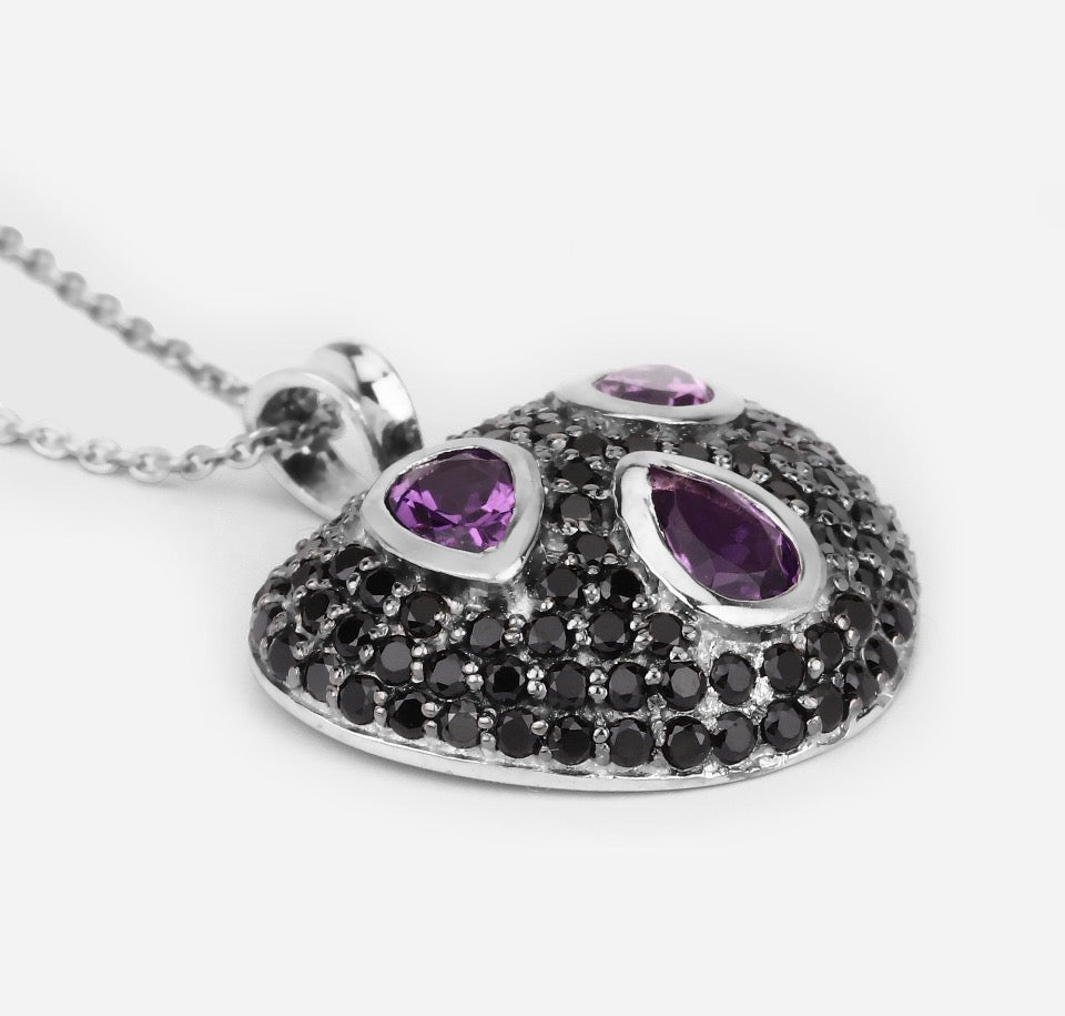 Amethyst and Black Spinel Sterling Silver Pendant Necklace, Purple Heart Pendant
