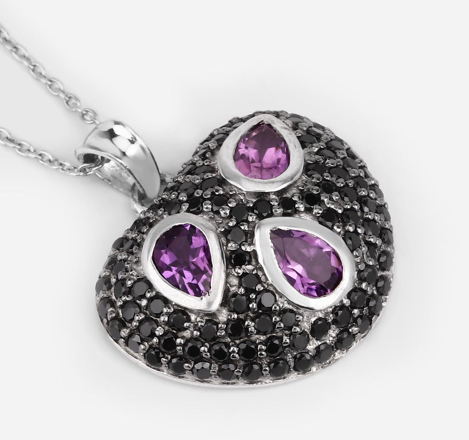 Amethyst and Black Spinel Sterling Silver Pendant Necklace, Purple Heart Pendant