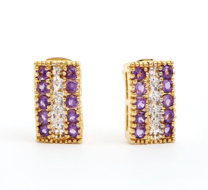 18K Yellow Gold Over Sterling Silver Diamond and Amethyst Earrings