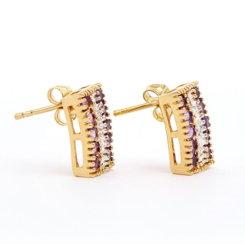 18K Yellow Gold Over Sterling Silver Diamond and Amethyst Earrings