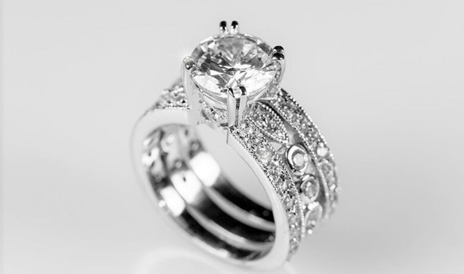 Stunning Womens White Gold Rhodium Plated 3-Row Cubic Zirconia Ring