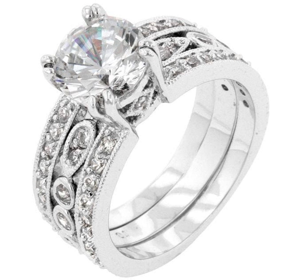 Stunning Womens White Gold Rhodium Plated 3-Row Cubic Zirconia Ring