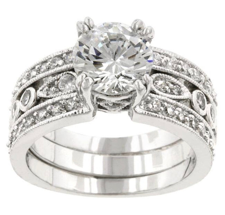 Stunning Womens White Gold Rhodium Plated 3-Row Cubic Zirconia Ring
