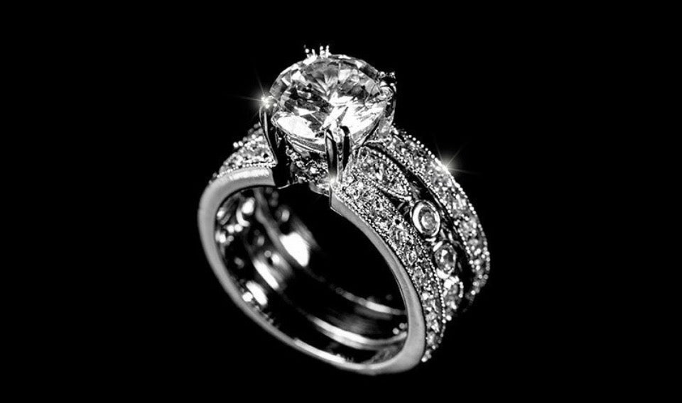 Stunning Womens White Gold Rhodium Plated 3-Row Cubic Zirconia Ring