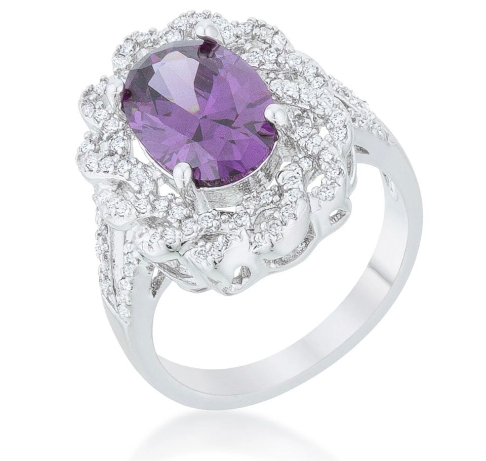 White Gold Rhodium Plated Purple Cubic Zirconia Ring