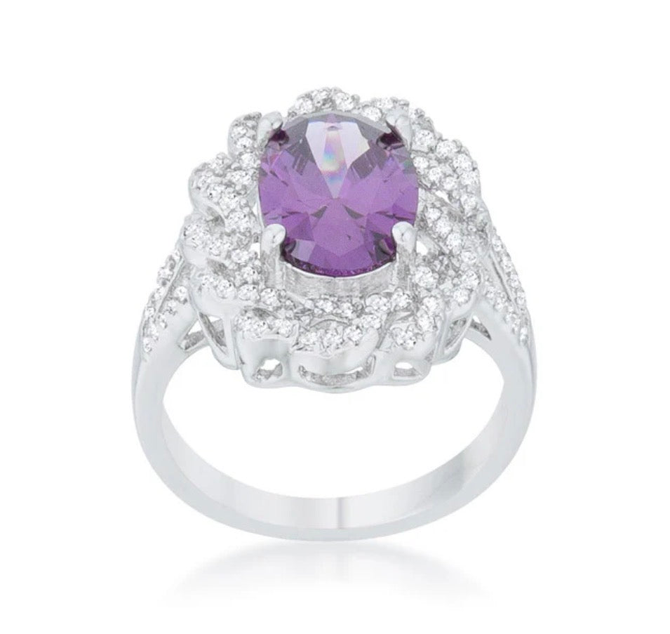 White Gold Rhodium Plated Purple Cubic Zirconia Ring