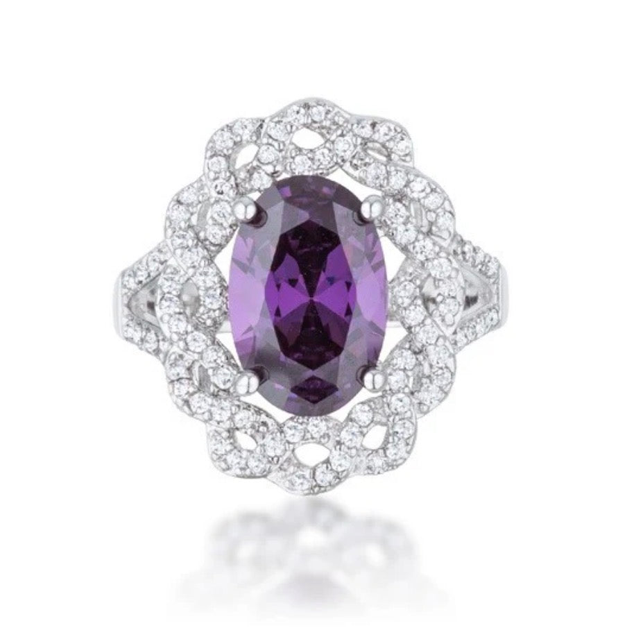 White Gold Rhodium Plated Purple Cubic Zirconia Ring