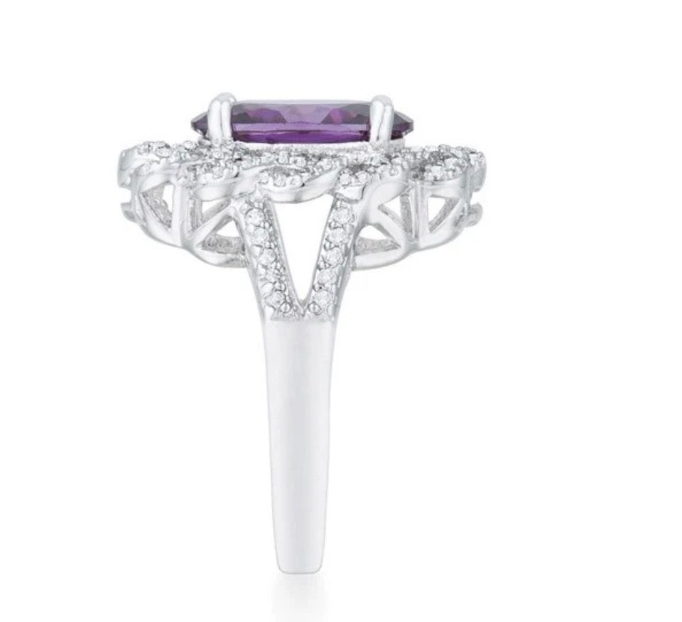 White Gold Rhodium Plated Purple Cubic Zirconia Ring