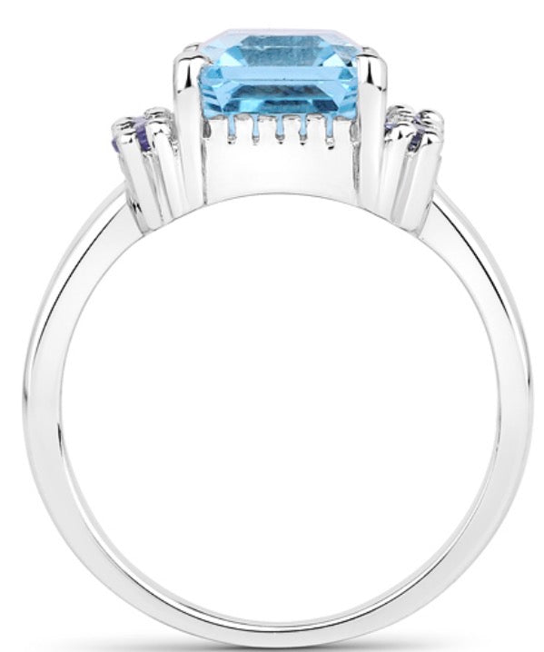 Womens White Gold Rhodium Over Sterling Silver Tanzanite and 4.0 CTW Swiss Blue Topaz Ring
