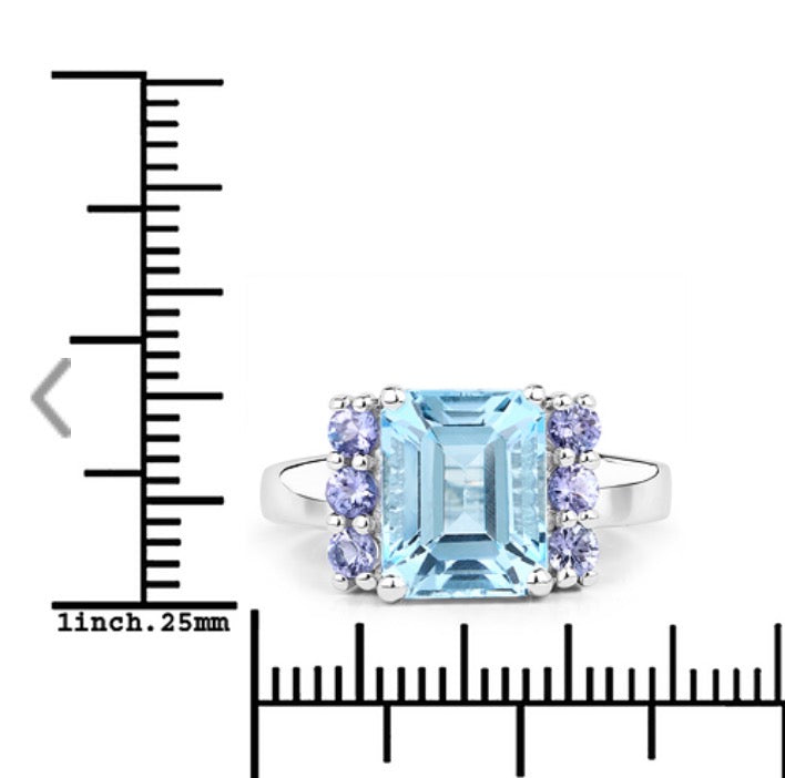 Womens White Gold Rhodium Over Sterling Silver Tanzanite and 4.0 CTW Swiss Blue Topaz Ring