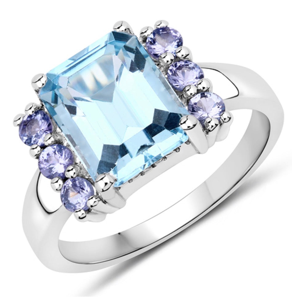 Womens White Gold Rhodium Over Sterling Silver Tanzanite and 4.0 CTW Swiss Blue Topaz Ring